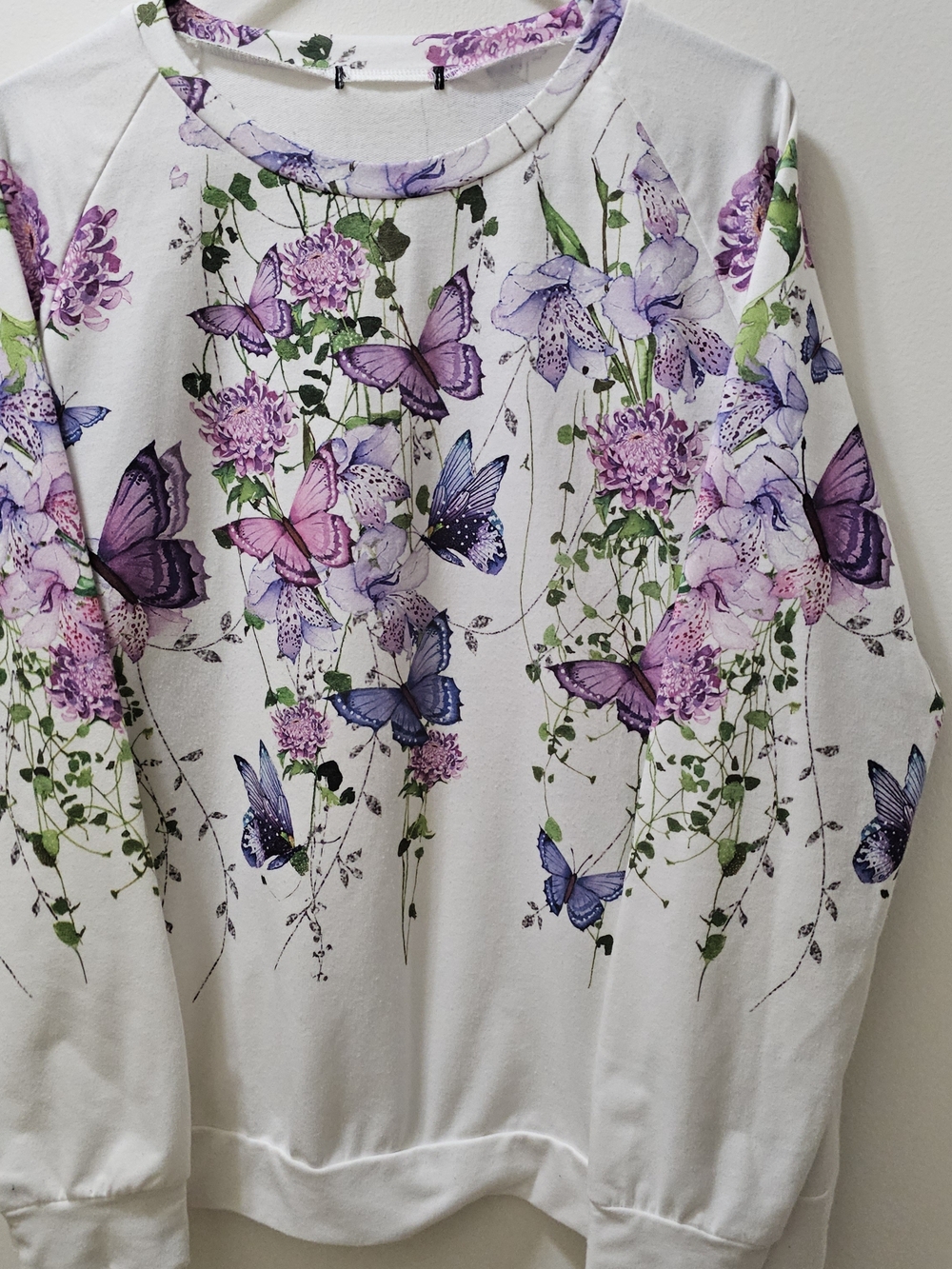 White Long Sleeve Sweatshirt with Purple & Blue Butterfly Floral Print